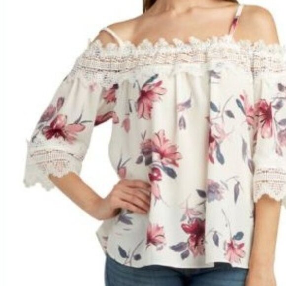 NWT By & By Floral Print Cami Blouse SZ Small Lace Trim White Pink Navy - Picture 1 of 11